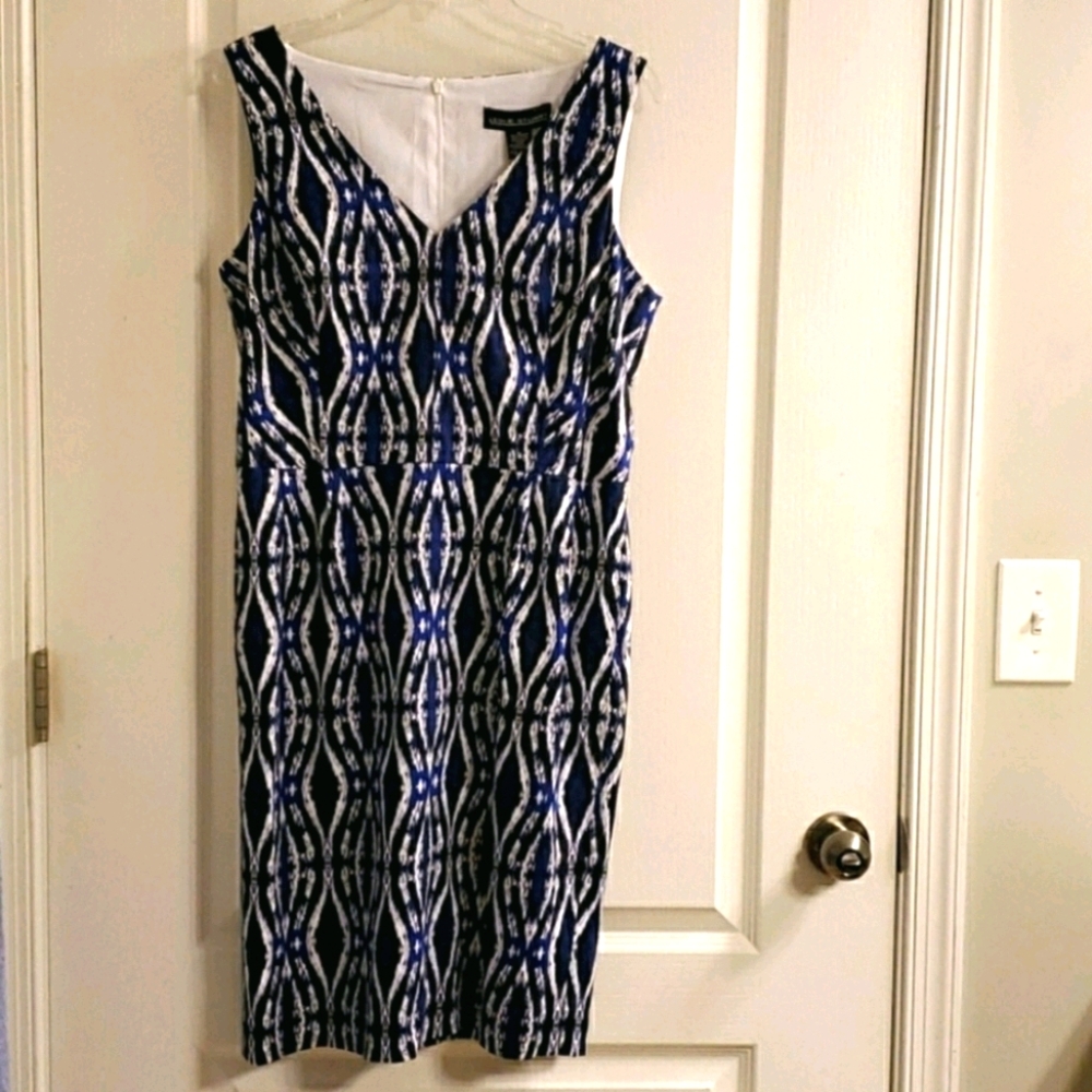 Leslie Stuart Blue Black Geometric Dress 10 NWT